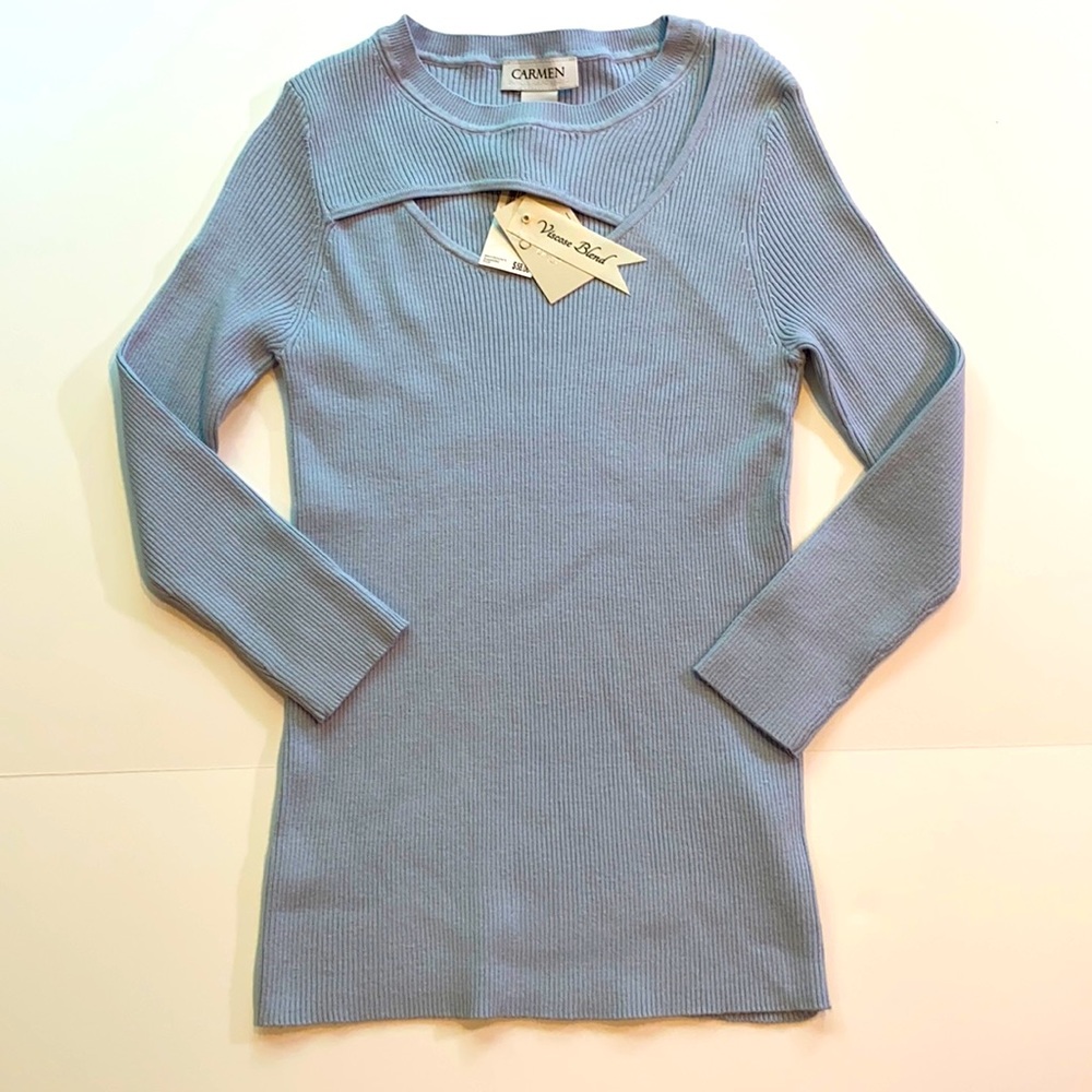 Carmen Marc Valvo Medium Cutout Neck Ribbed Blue Pullover Shirt New Top D27e